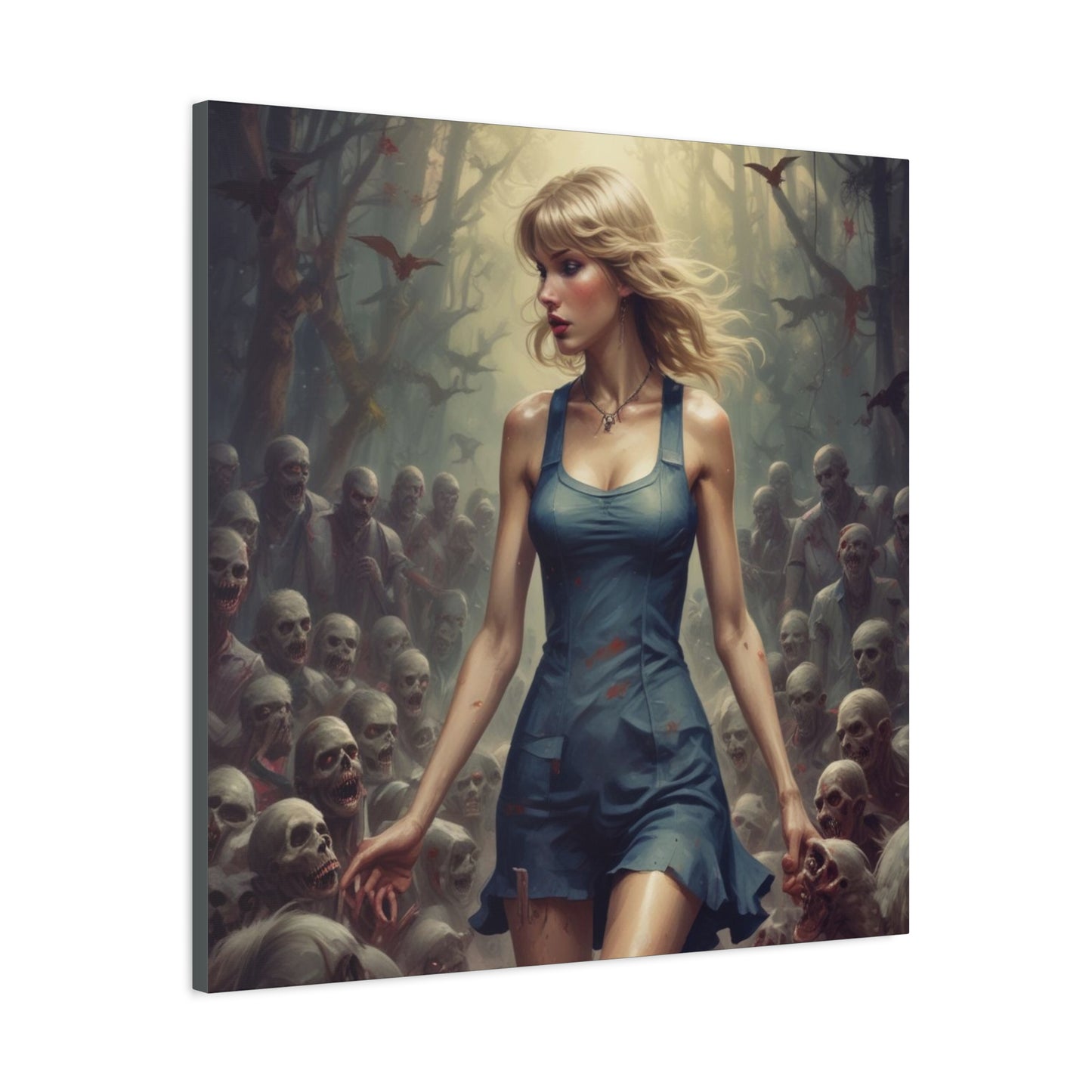 Zombie Swift Horde Canvas Print — Female Survivor Horror Wall Art (Matte Stretched 1.25")