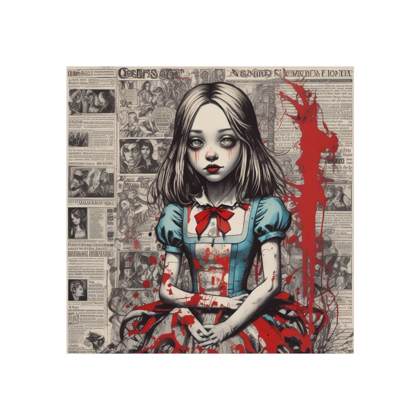 Gothic Alice Fine Art Print — Dark Vintage Newspaper Collage with Blood-Splatter