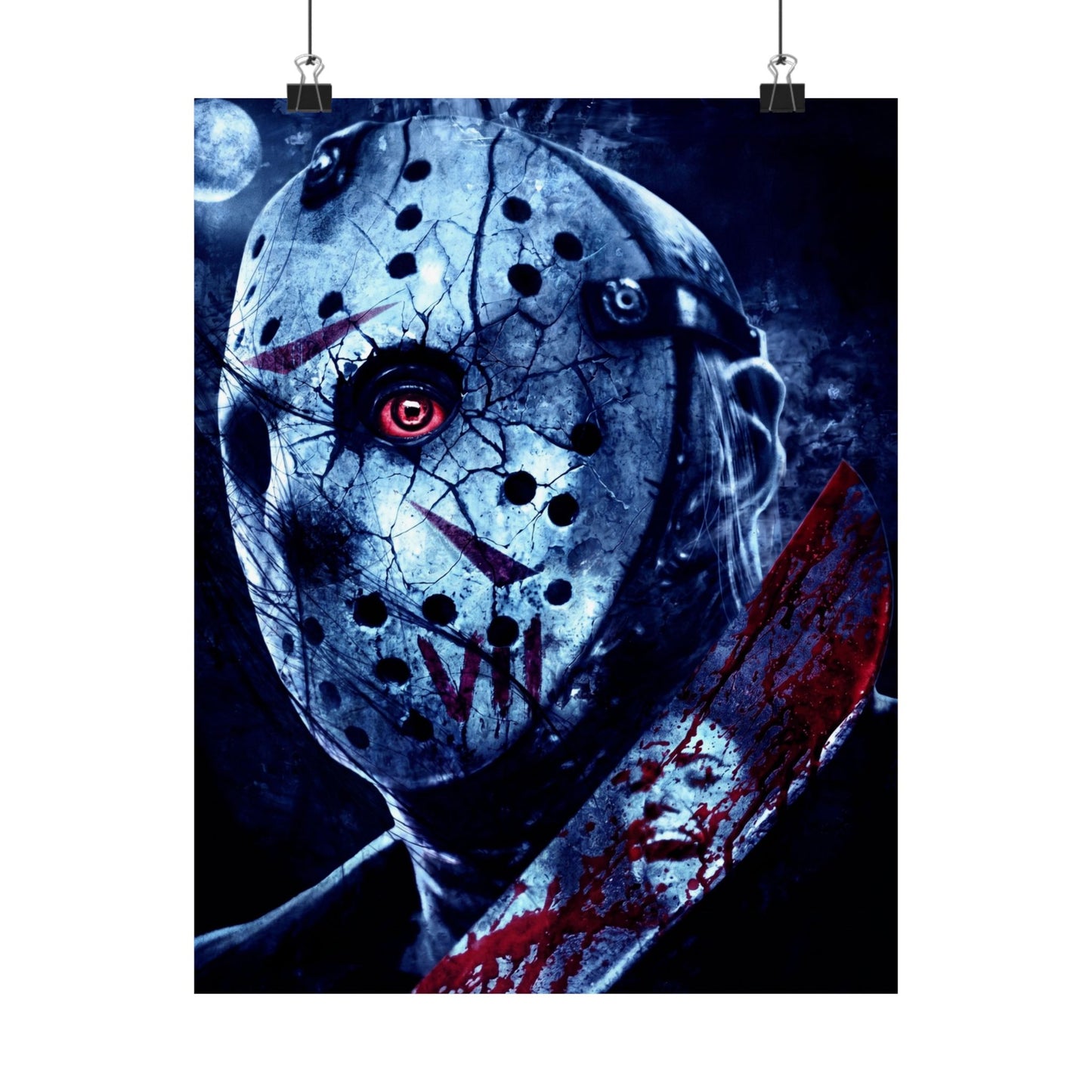 Horror Jason Mask Satin Poster — Bloodied Knife Slasher Wall Art