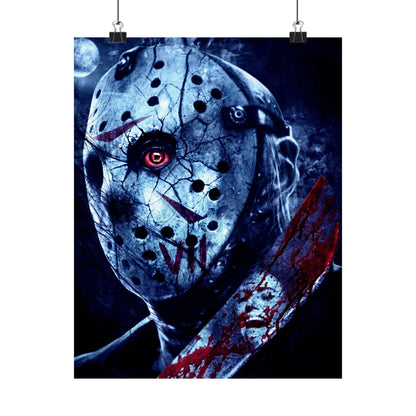 Horror Jason Mask Satin Poster — Bloodied Knife Slasher Wall Art