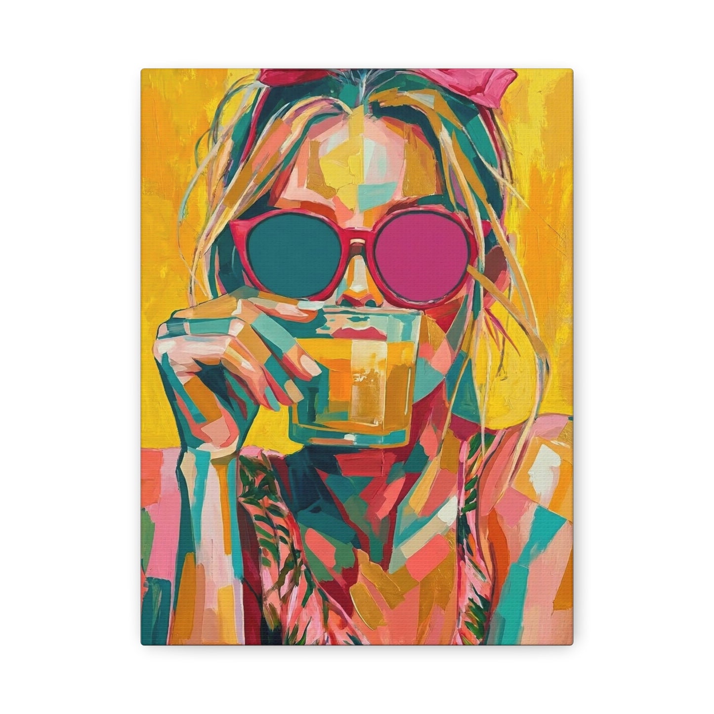 Colorful Pop Art Woman Drinking Canvas Wall Art