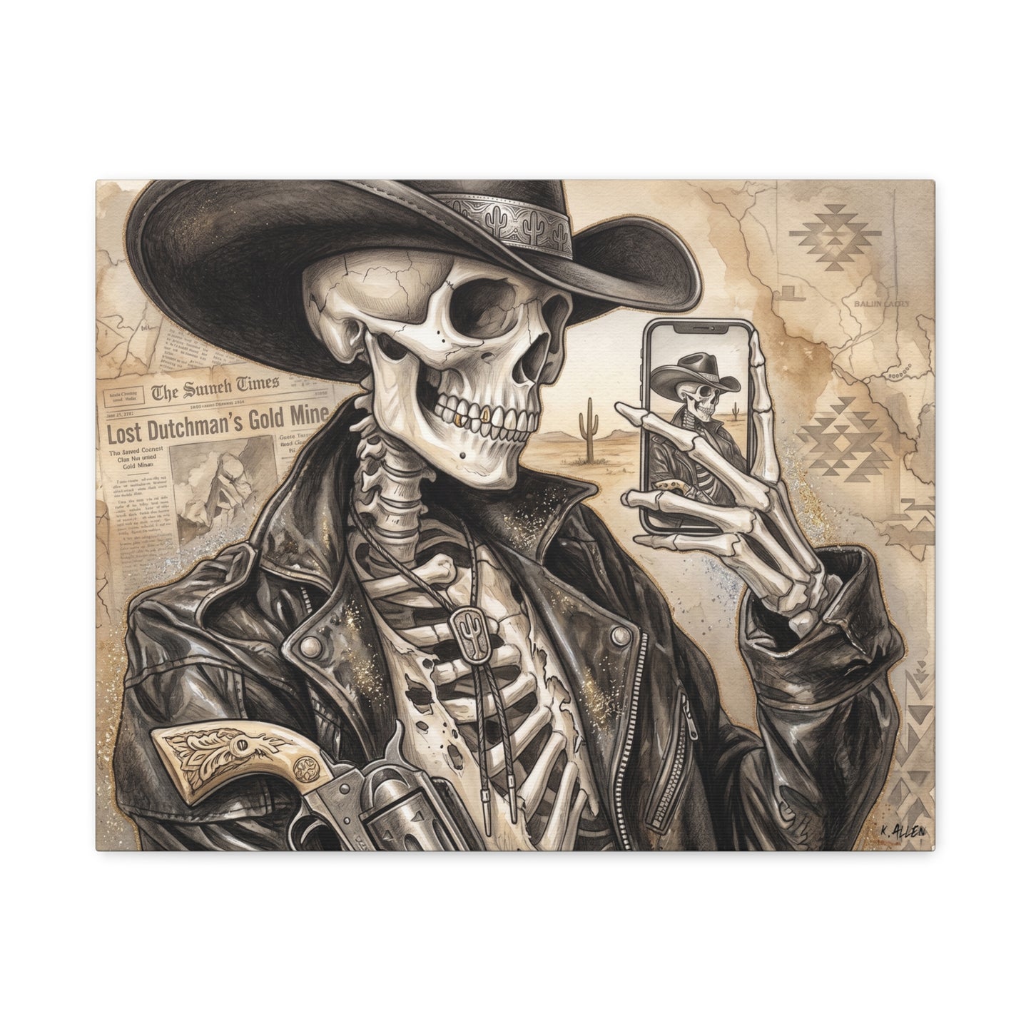 Skeleton Cowboy Canvas Print — Western Skull Selfie Wall Art (Matte Stretched)