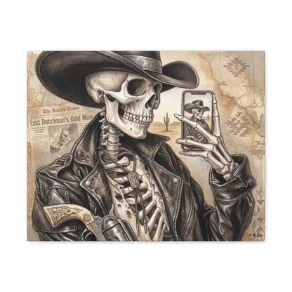 Skeleton Cowboy Canvas Print — Western Skull Selfie Wall Art (Matte Stretched)