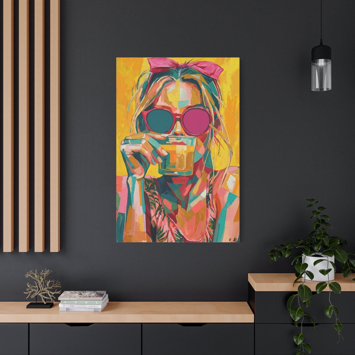 Colorful Pop Art Woman Drinking Canvas Wall Art
