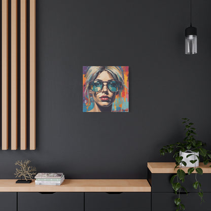 Pop Art Portrait Canvas — Blonde Woman with Blue Sunglasses Matte Stretched Art