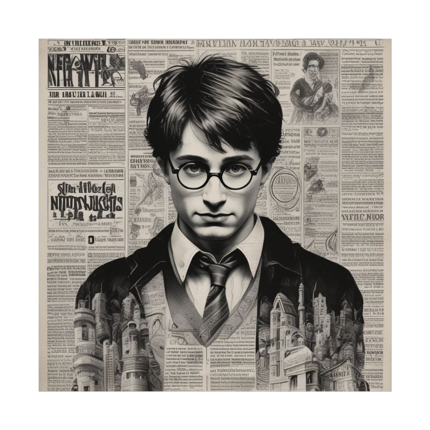 Vintage Newspaper Portrait Poster — Young Wizard Illustration Fine Art Print