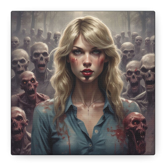 Zombie Swift Matte Canvas Print — Horror Wall Art, Blonde Survivor Surrounded by Undead