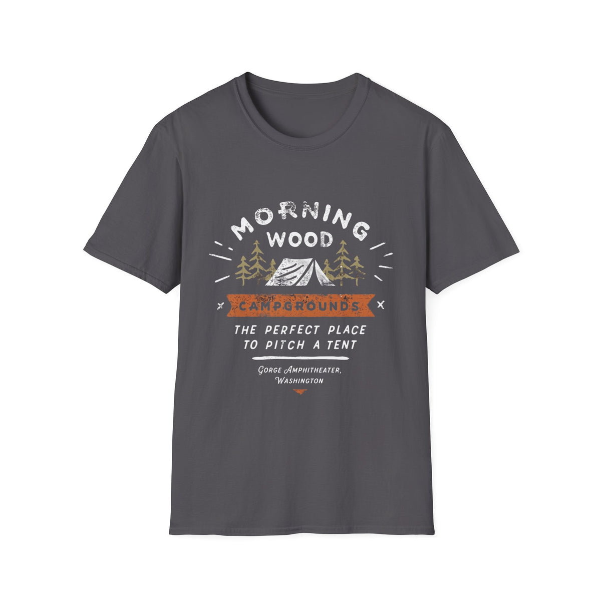 Camping T-Shirt — "Morning Wood" Tent & Pine Tree Outdoor Graphic Tee