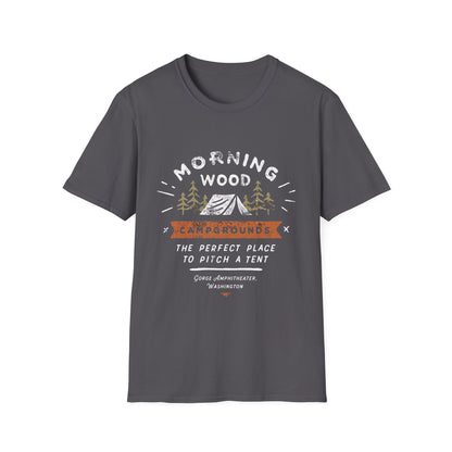 Camping T-Shirt — "Morning Wood" Tent & Pine Tree Outdoor Graphic Tee
