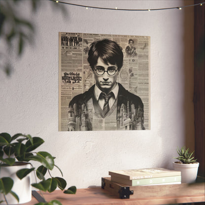 Vintage Newspaper Portrait Poster — Young Wizard Illustration Fine Art Print