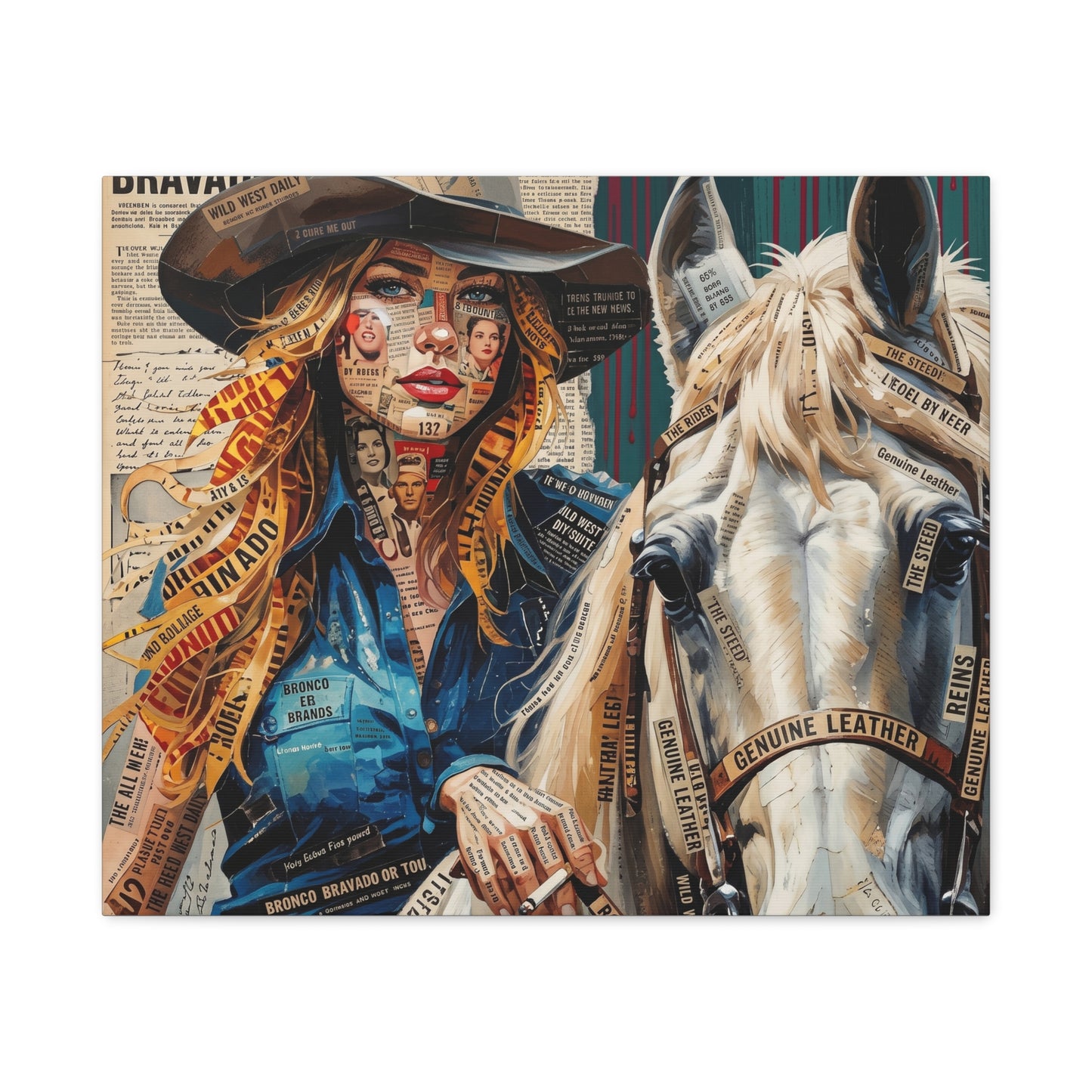 Cowgirl & Horse Collage Matte Canvas Print — Western Collage Art Wall Decor