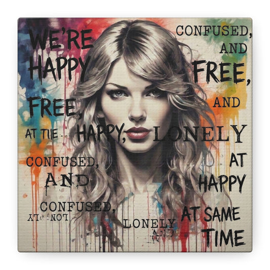 Taylor-Inspired Pop Portrait Matte Canvas Print — 'Happy, Lonely, Confused' Stretched Wall Art