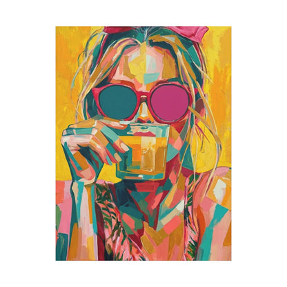 Colorful Pop Art Woman Drinking Canvas Wall Art