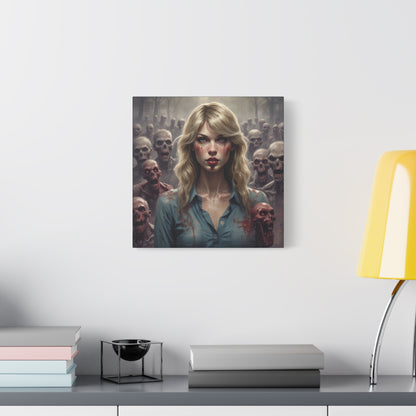Zombie Swift Matte Canvas Print — Horror Wall Art, Blonde Survivor Surrounded by Undead