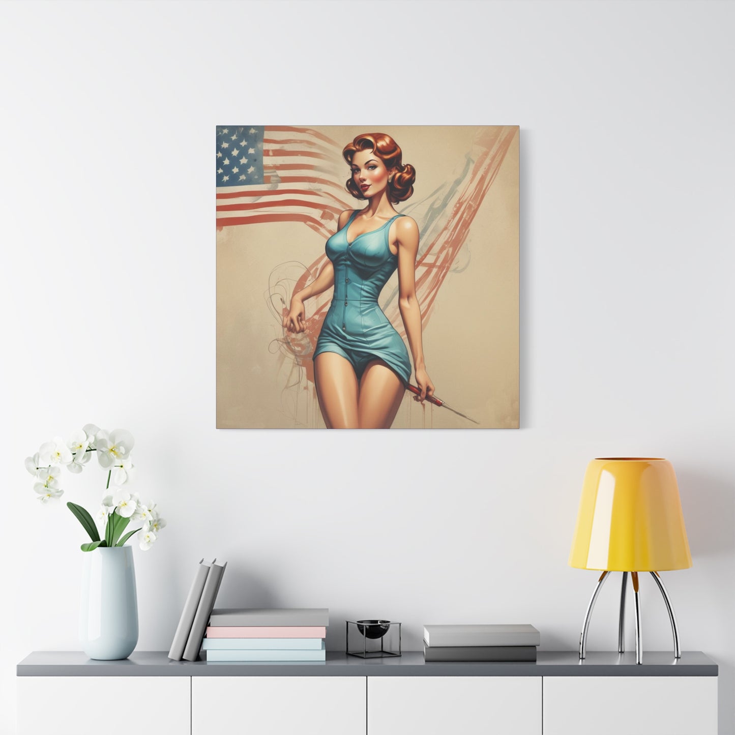 Retro Pin-Up Canvas Wall Art — Vintage American Flag Pinup Matte Stretched 1.25"