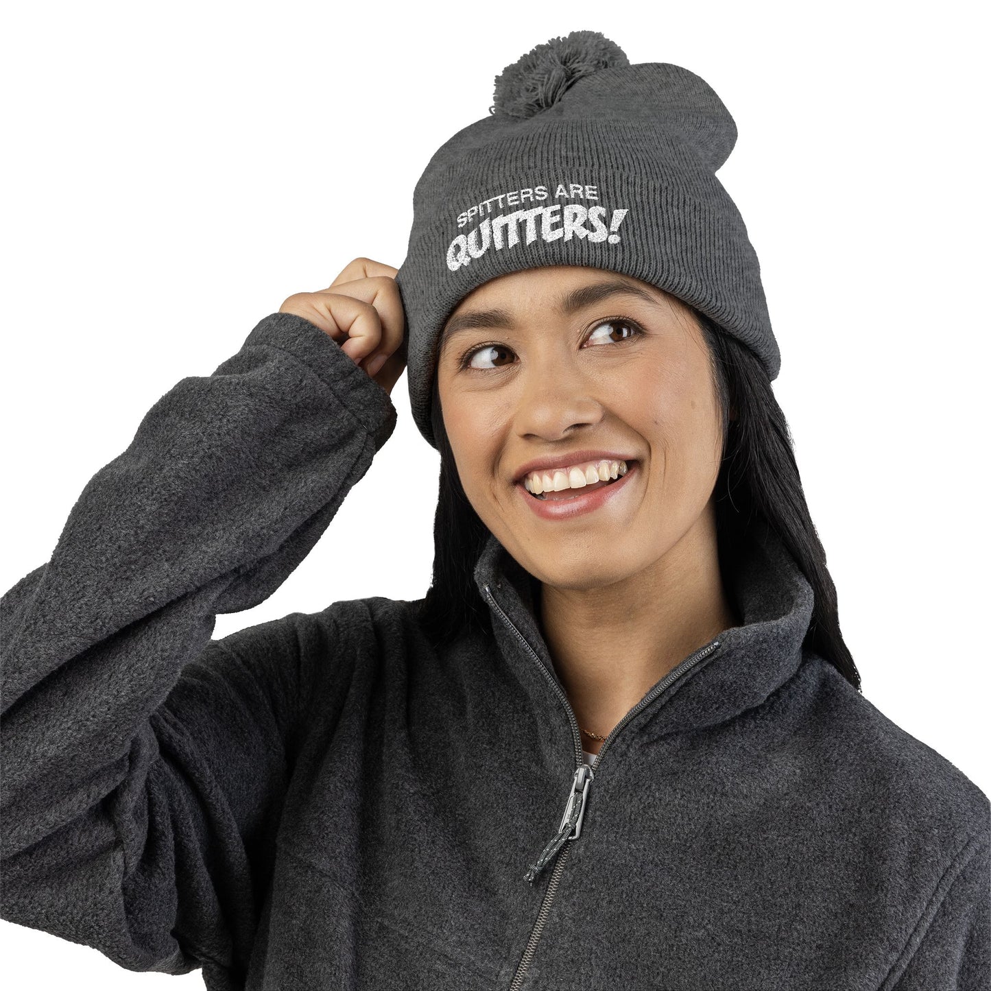 Embroidered Pom-Pom Beanie — "Spitters Are Quitters!" Cozy Winter Hat