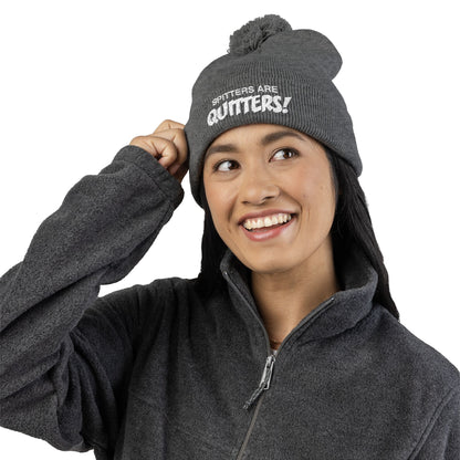 Embroidered Pom-Pom Beanie — "Spitters Are Quitters!" Cozy Winter Hat