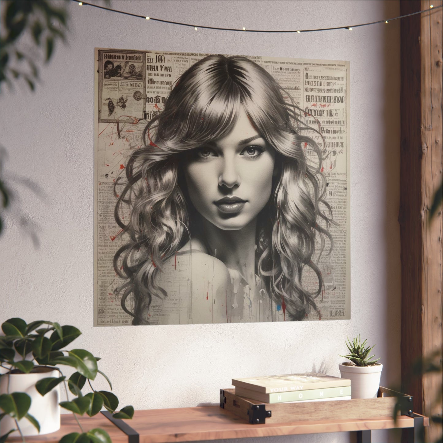 Taylor Inspired Portrait on Vintage Newspaper Background