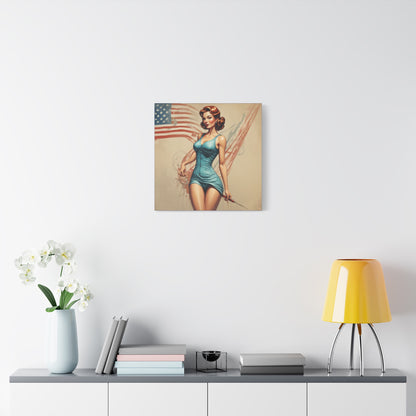 Retro Pin-Up Canvas Wall Art — Vintage American Flag Pinup Matte Stretched 1.25"