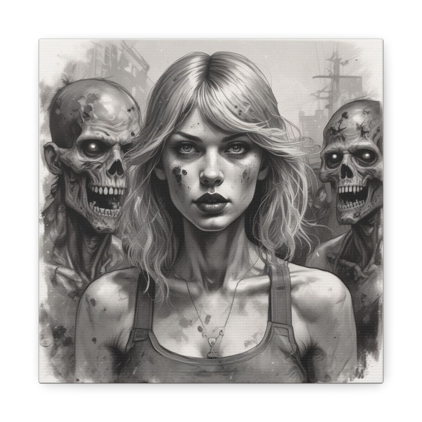 Zombie Apocalypse Canvas Print — Female Survivor Portrait Matte Stretched Art