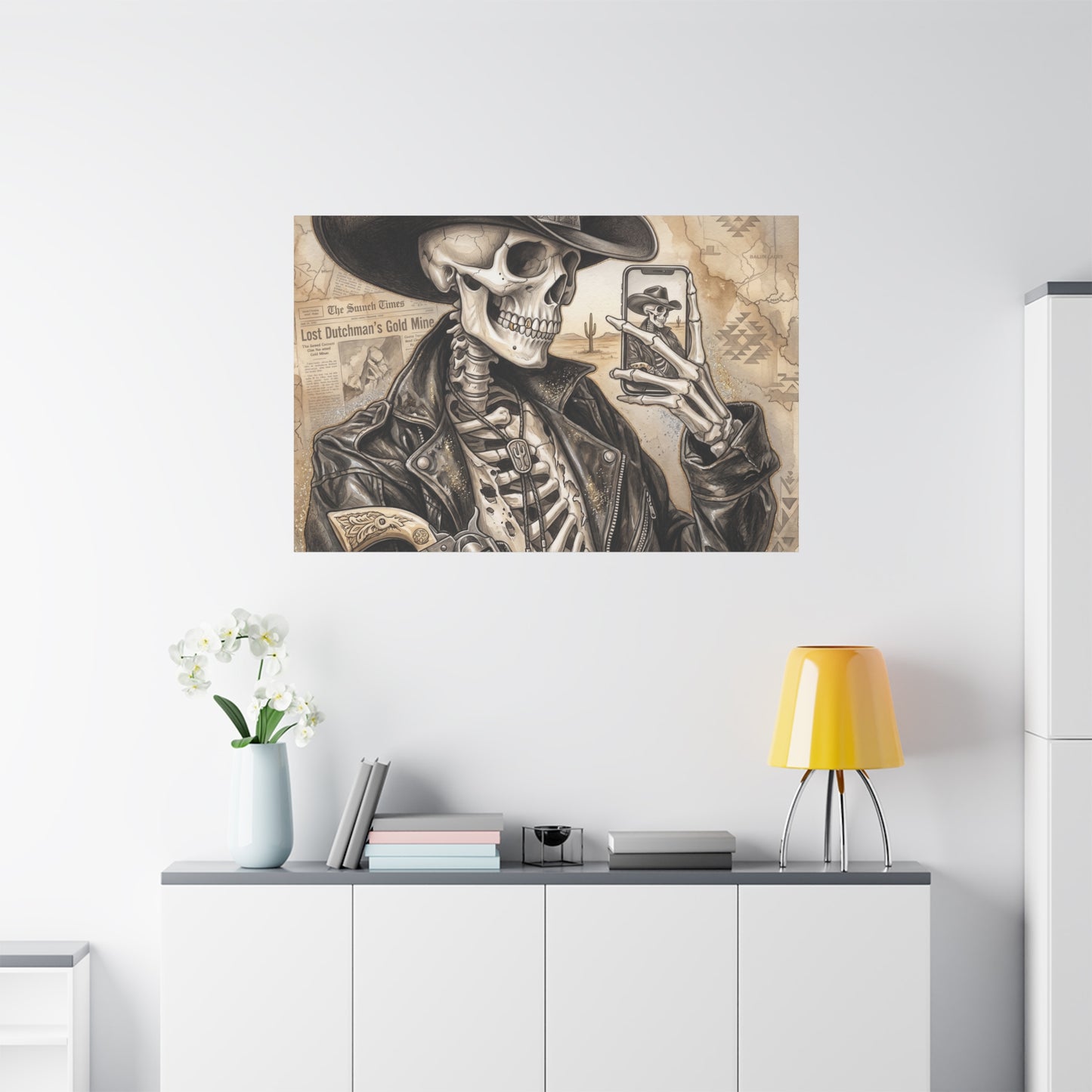 Skeleton Cowboy Canvas Print — Western Skull Selfie Wall Art (Matte Stretched)