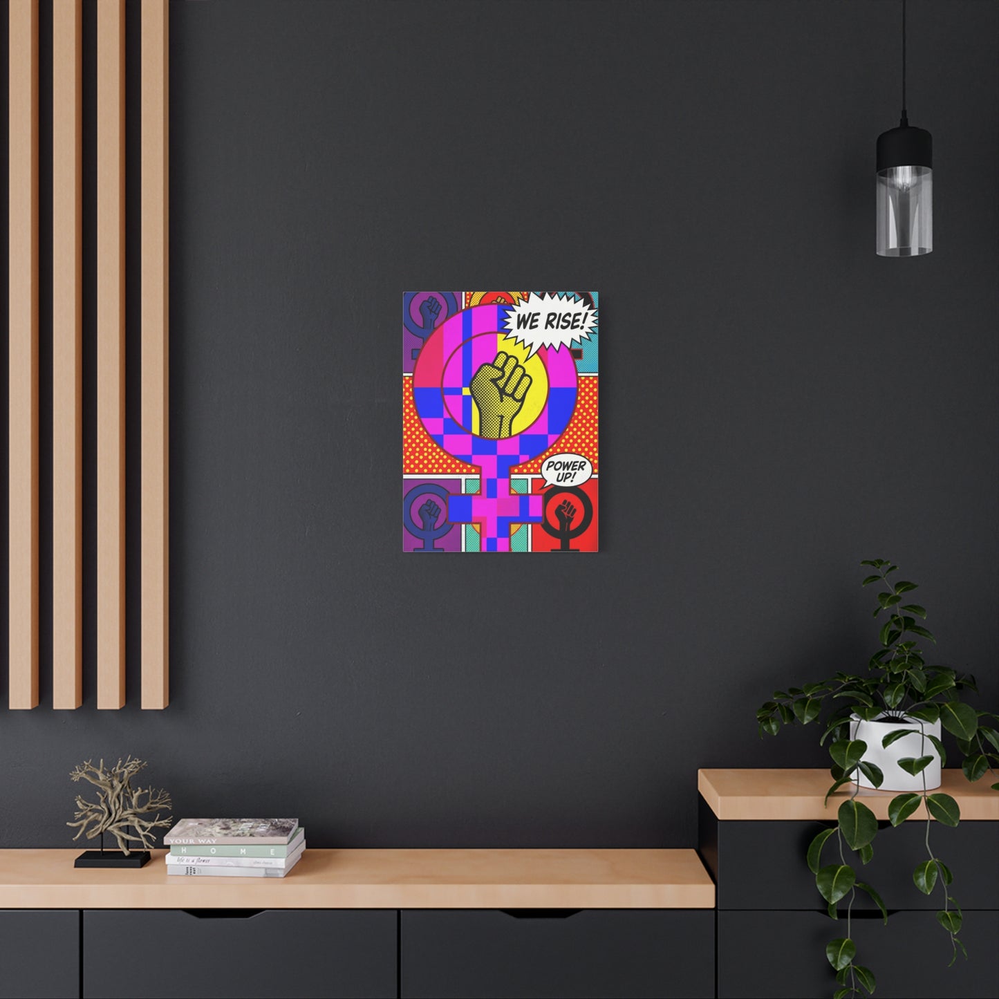 Feminist Pop Art Canvas — "We Rise!" Stretched Matte Wall Art