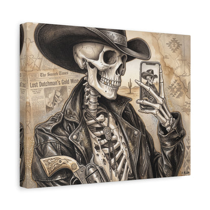 Skeleton Cowboy Canvas Print — Western Skull Selfie Wall Art (Matte Stretched)