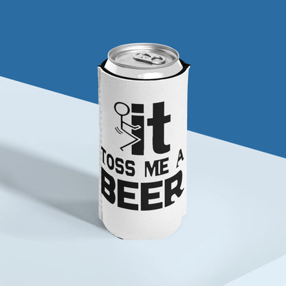 Slim Can Cooler — “Toss Me a Beer” Funny Party Beer Koozie