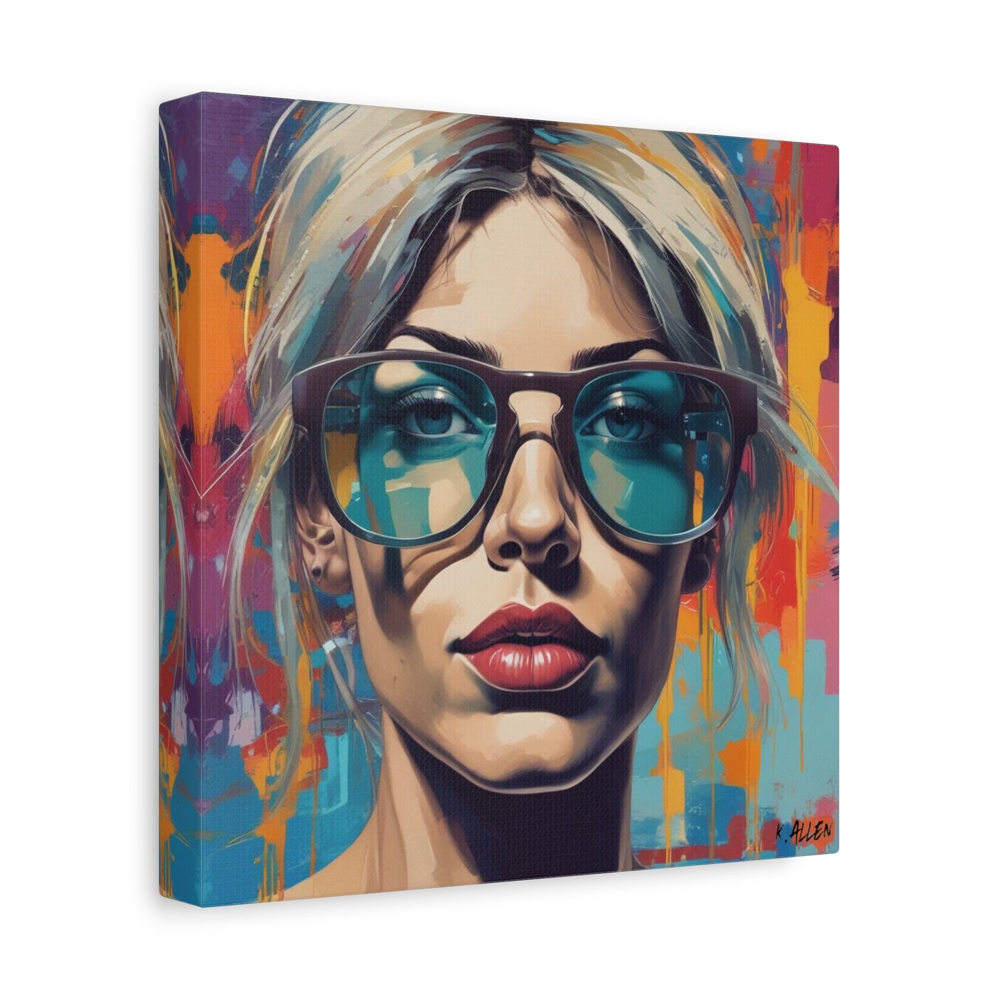Pop Art Portrait Canvas — Blonde Woman with Blue Sunglasses Matte Stretched Art