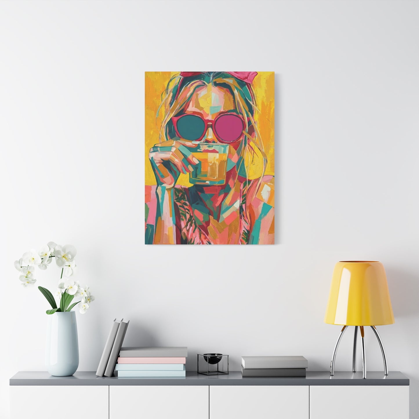 Colorful Pop Art Woman Drinking Canvas Wall Art