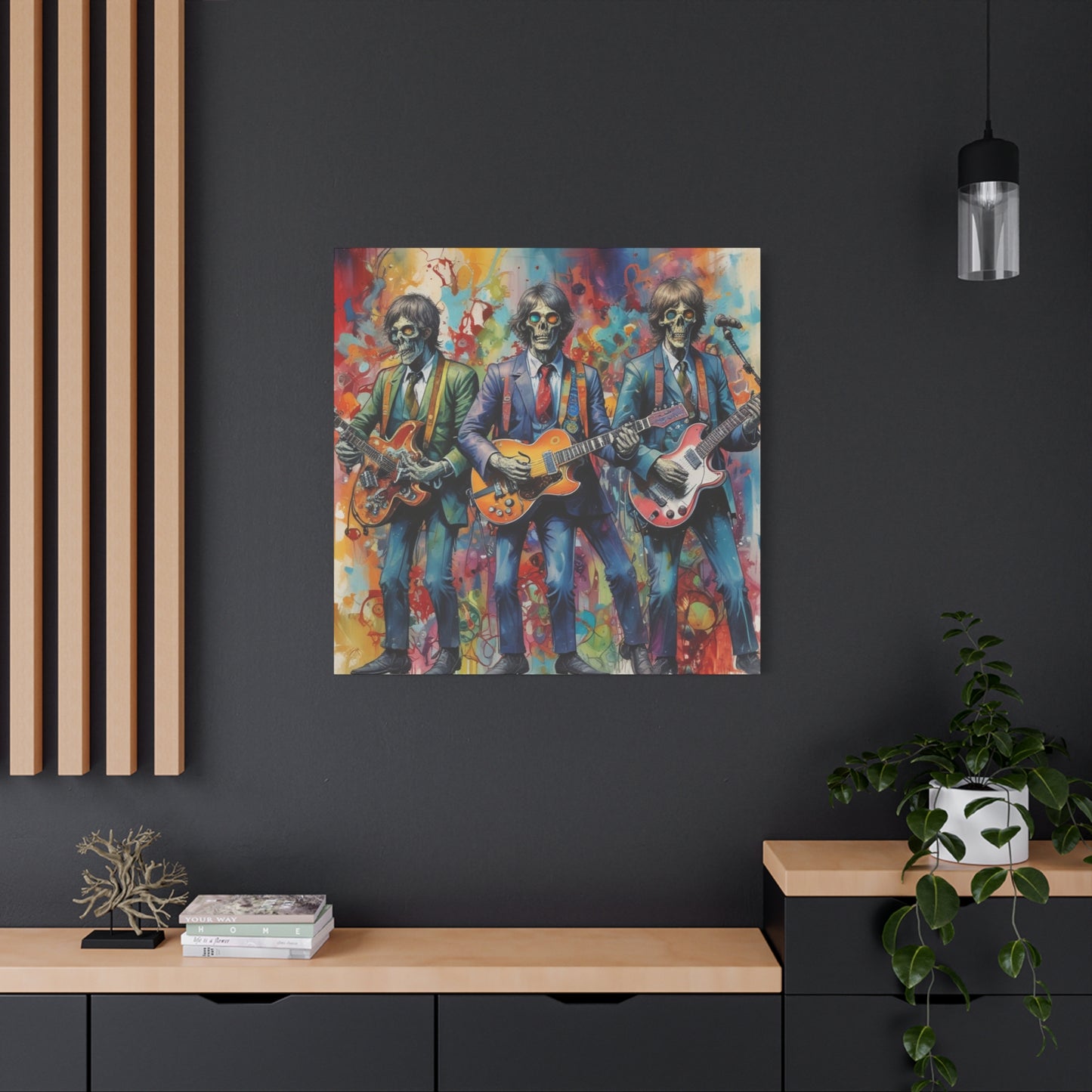 Rock Skeleton Band Canvas Print — Colorful Guitarist Wall Art