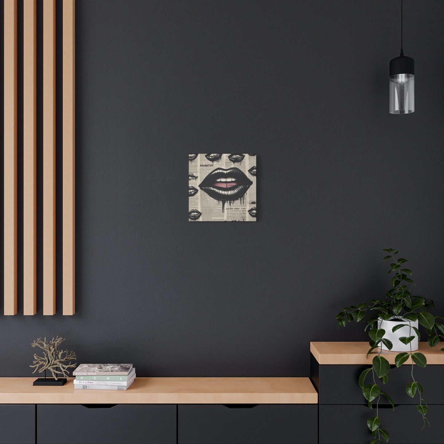 Black Drip Lips Canvas Wall Art — Vintage Newspaper Pop Art