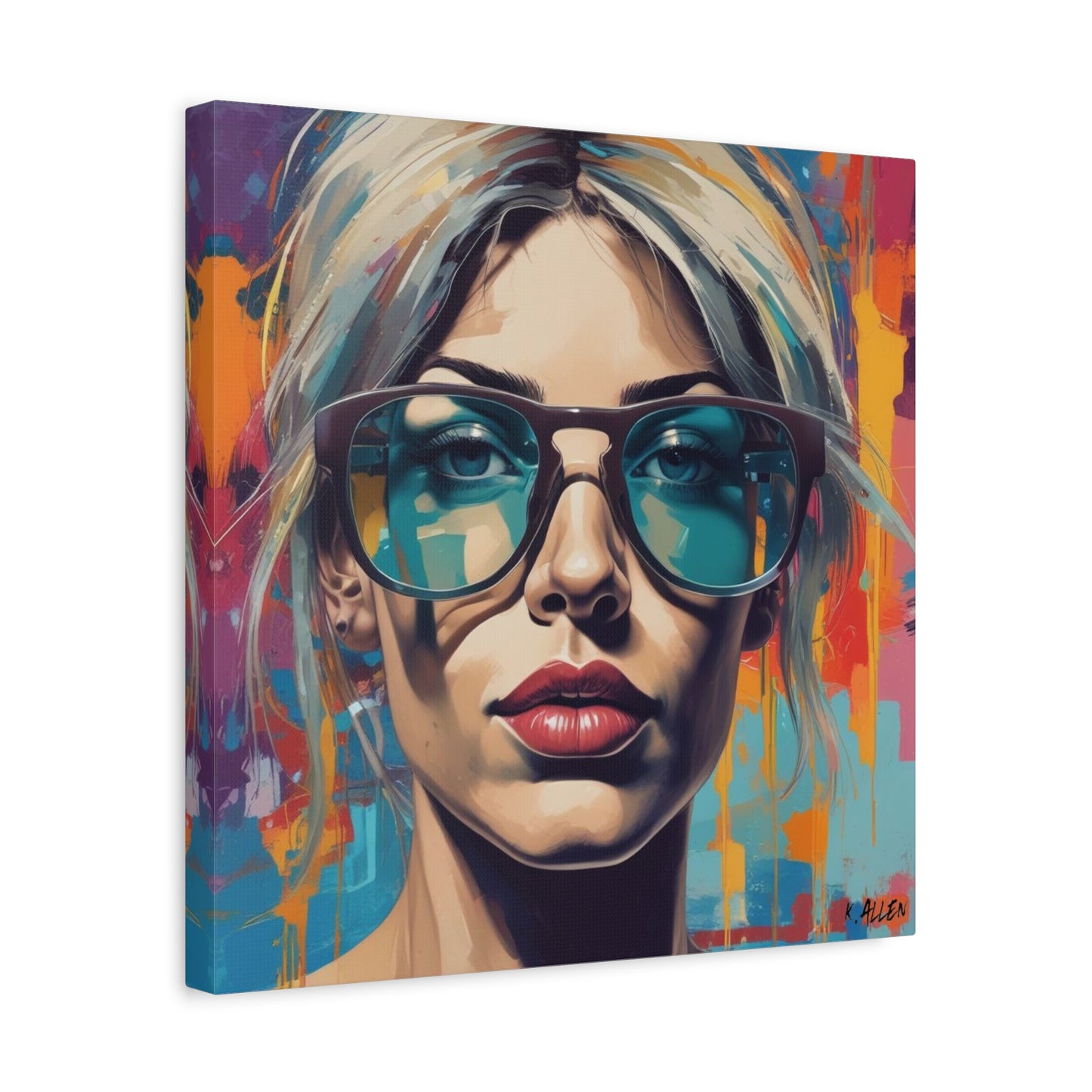 Pop Art Portrait Canvas — Blonde Woman with Blue Sunglasses Matte Stretched Art