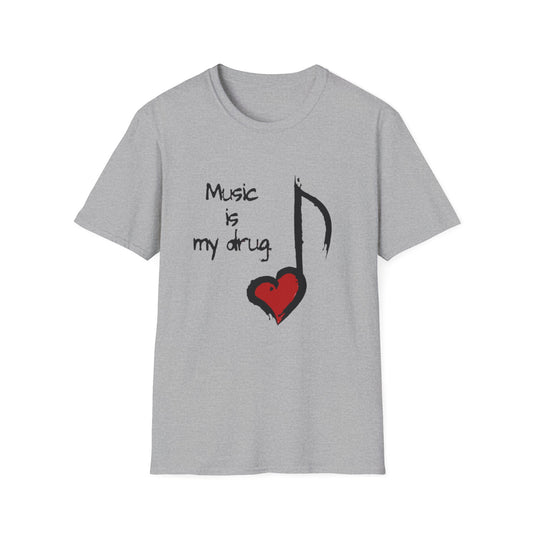 Music Is My Drug T-Shirt – Heart Note Graphic Tee for Musicians & Music Lovers