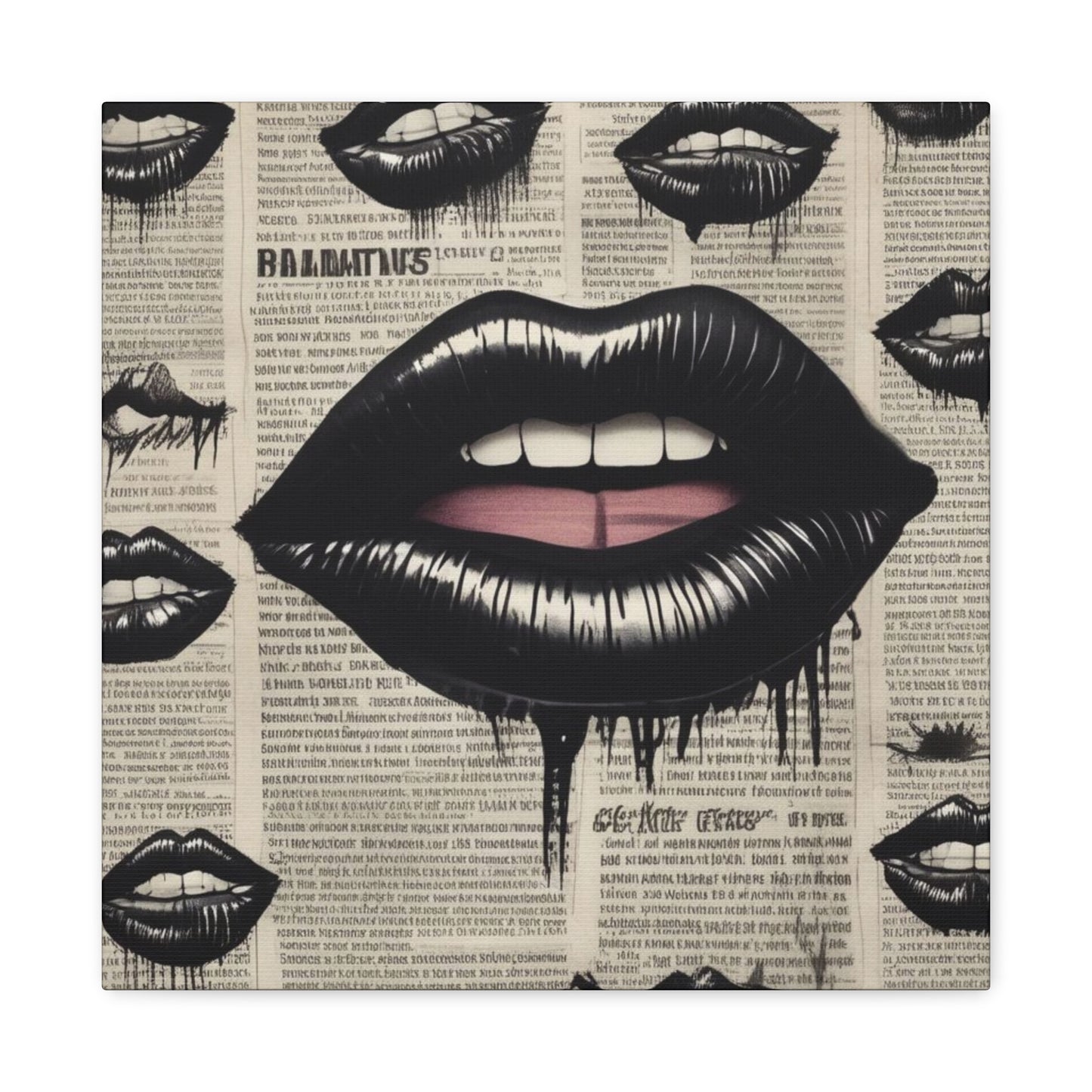 Black Drip Lips Canvas Wall Art — Vintage Newspaper Pop Art
