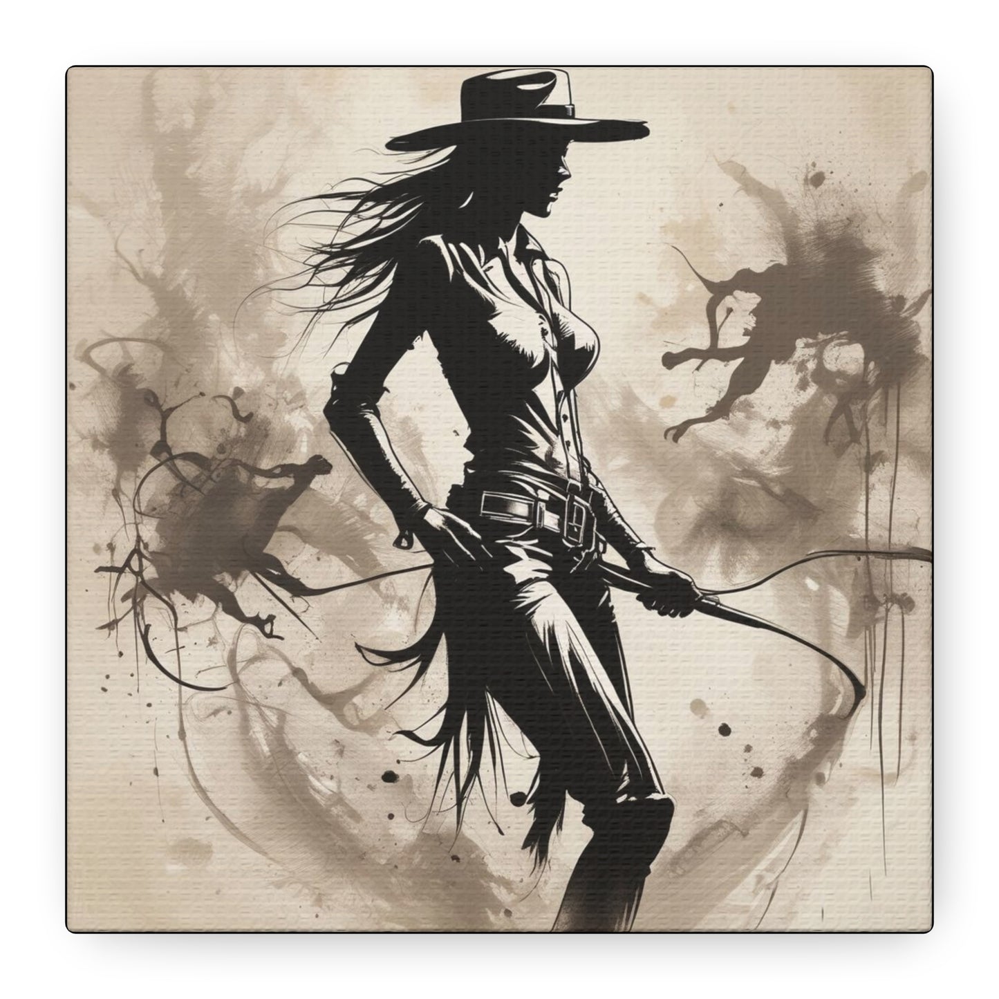 Cowgirl Silhouette Canvas Art – Western Whip Poster on Matte Stretched Canvas