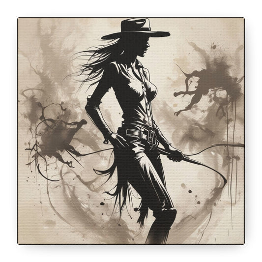 Cowgirl Silhouette Canvas Art – Western Whip Poster on Matte Stretched Canvas