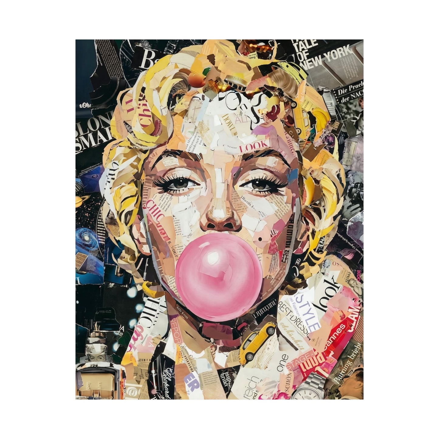 Pop Art Satin Poster — Iconic Blonde Portrait with Bubblegum