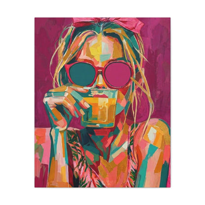 Pop Art Woman Drinking Coffee Canvas - Pink