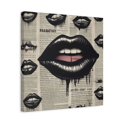 Black Drip Lips Canvas Wall Art — Vintage Newspaper Pop Art