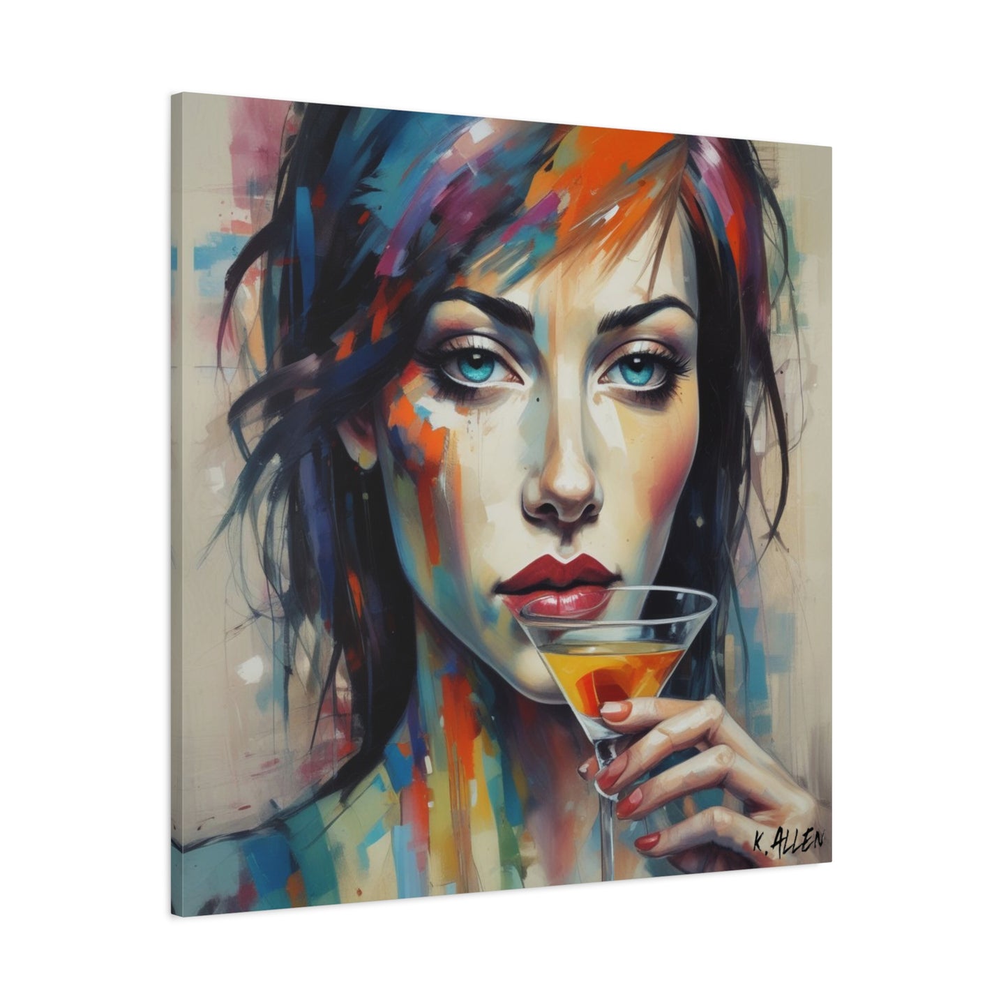Colorful Femme Portrait Canvas — Martini Woman Stretched Wall Art