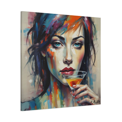 Colorful Femme Portrait Canvas — Martini Woman Stretched Wall Art