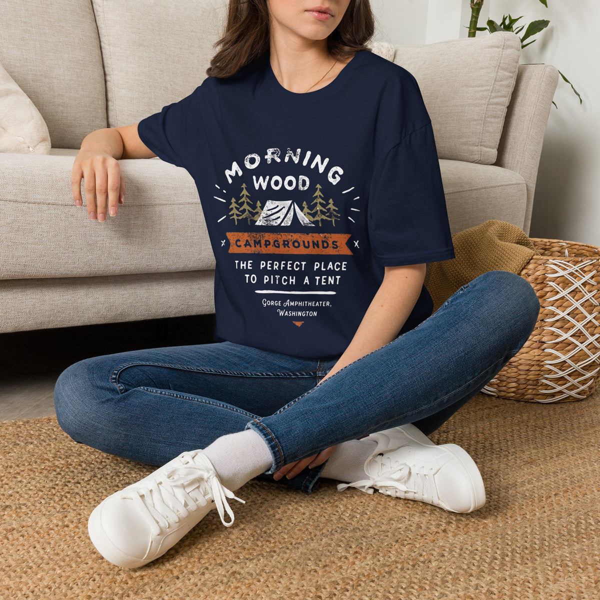 Camping T-Shirt — "Morning Wood" Tent & Pine Tree Outdoor Graphic Tee