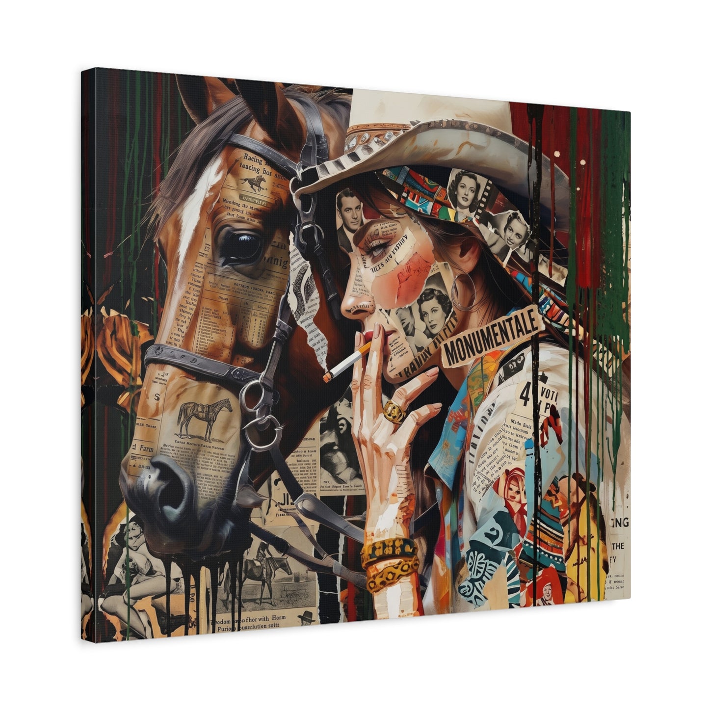 Western Collage Horse & Cowgirl Matte Canvas Wall Art - Stretched 1.25"
