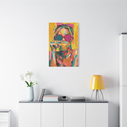Colorful Pop Art Woman Drinking Canvas Wall Art