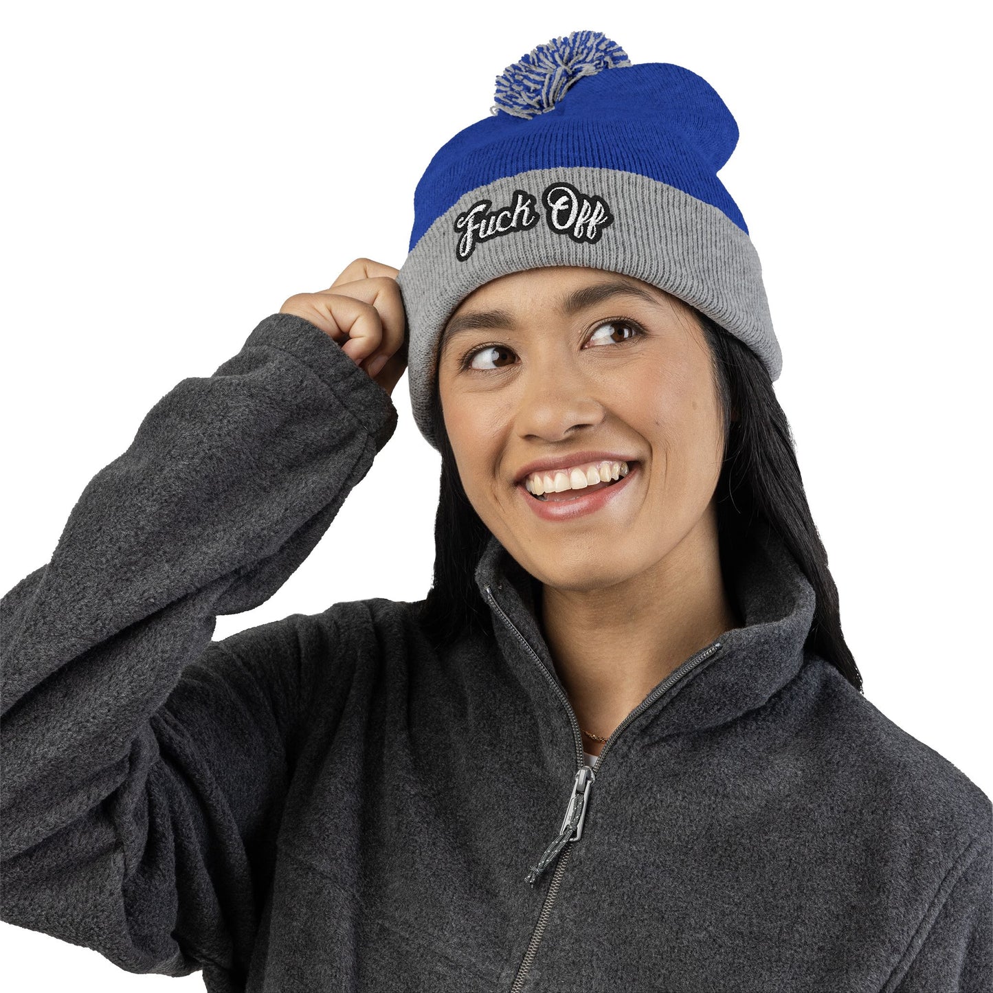 Embroidered 'Fuck Off' Pom-Pom Beanie - Knit Winter Hat