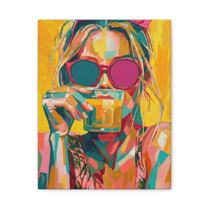 Colorful Pop Art Woman Drinking Canvas Wall Art