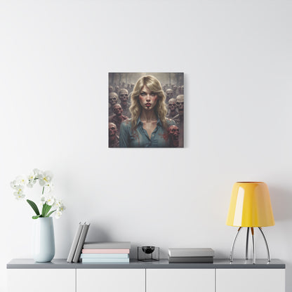 Zombie Swift Matte Canvas Print — Horror Wall Art, Blonde Survivor Surrounded by Undead