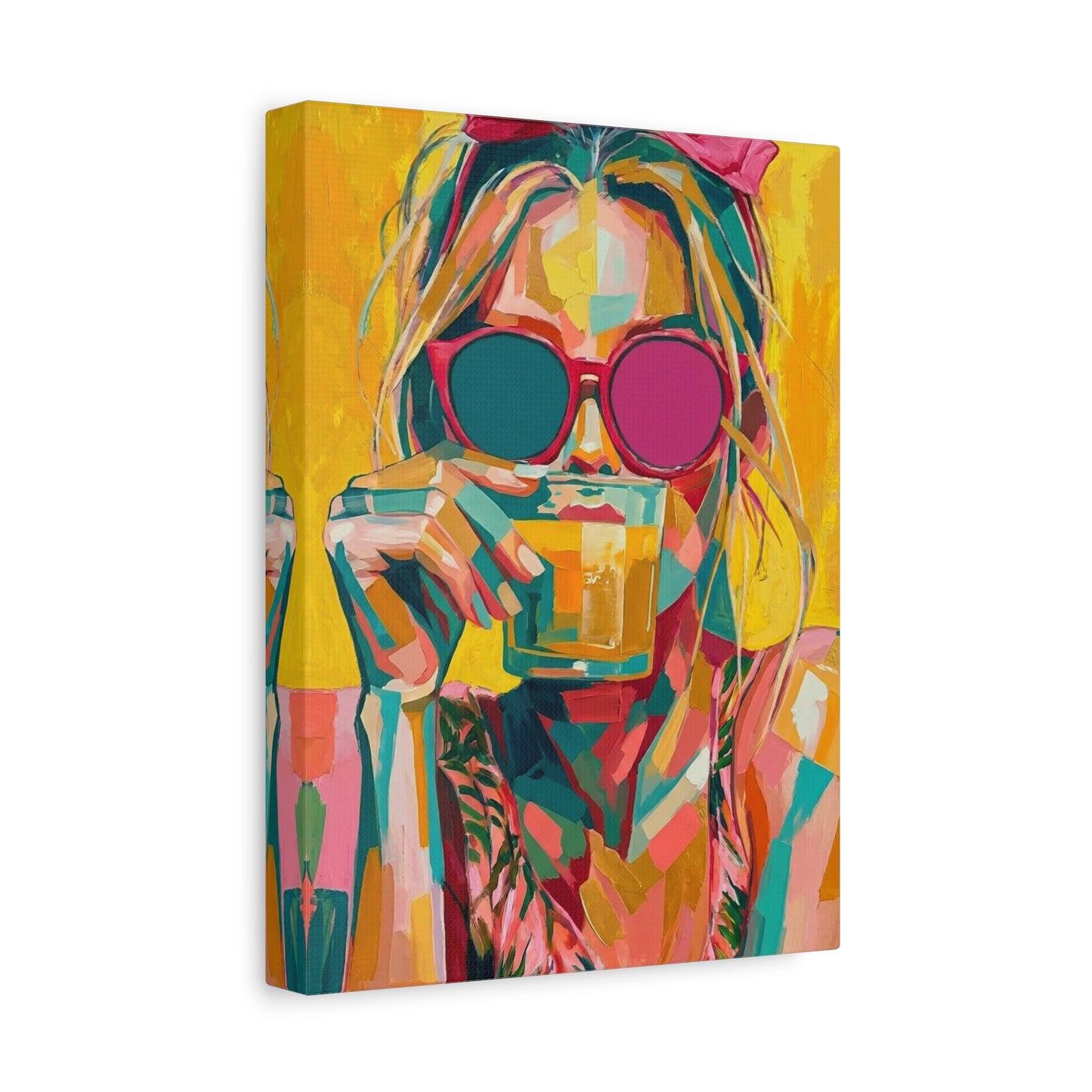 Colorful Pop Art Woman Drinking Canvas Wall Art