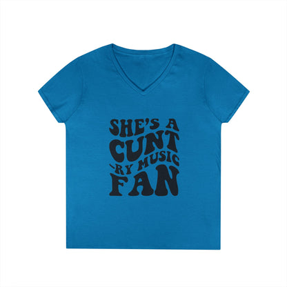 V-Neck T-Shirt — "She's a Cuntry Music Fan" Retro Typography Tee